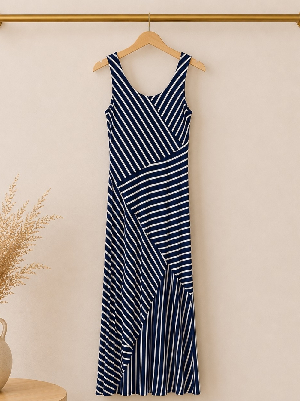 Navy & White Striped Sleeveless Maxi Dress